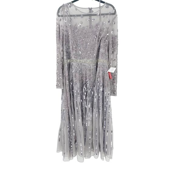 Mac Duggal Mesh Sequin Long Sleeve Belted Tea Dress Vintage Lilac Size 18 NWT - Picture 4 of 13